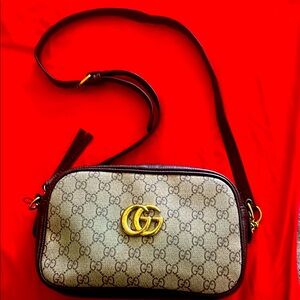 Authentic Gucci Beige GG Canvas Crossbody with Brown Trim and Gold Hardware